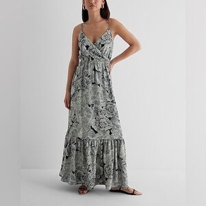 Express Satin Floral Wrap Front Tiered Maxi Dress NWT • Size XS